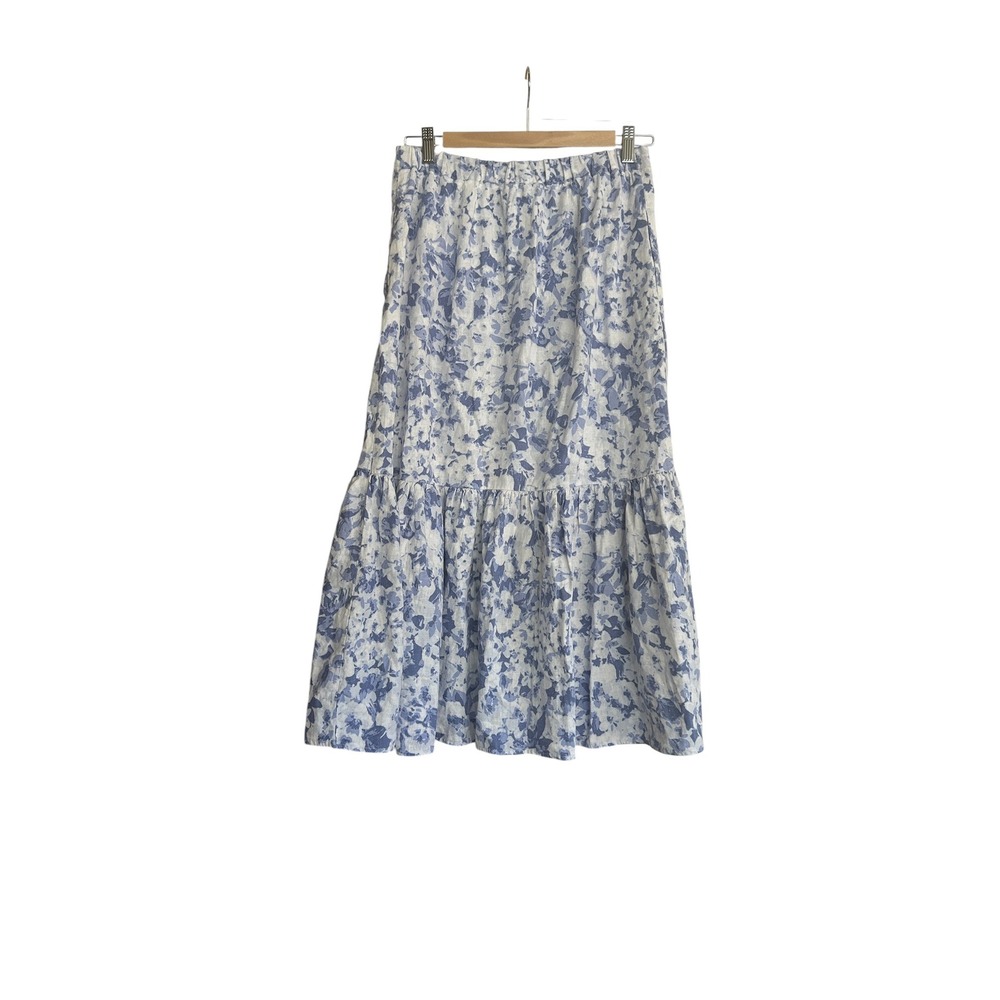 Laura Ashley Blue Floral Linen Blend Tiered Midi Skirt Sz S Cottagecore Boho - Picture 2 of 5